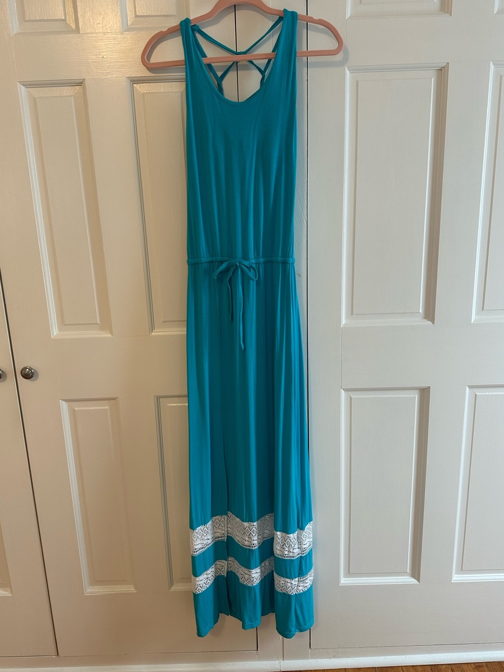 bebe Teal Maxi Dress with White Lace Hem